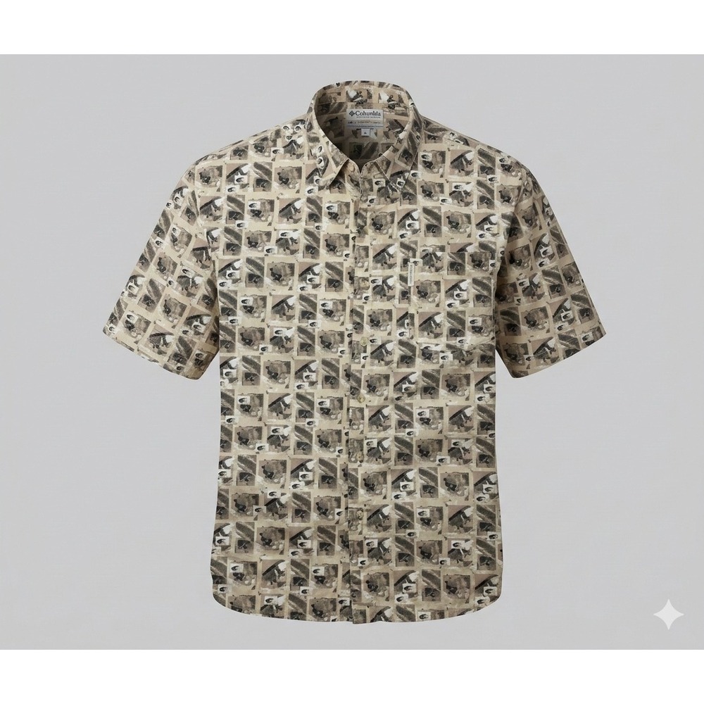 Columbia Men's S2AM7671 Tan Abstract Fishing Pattern Button Up Shirt. Size 2XL